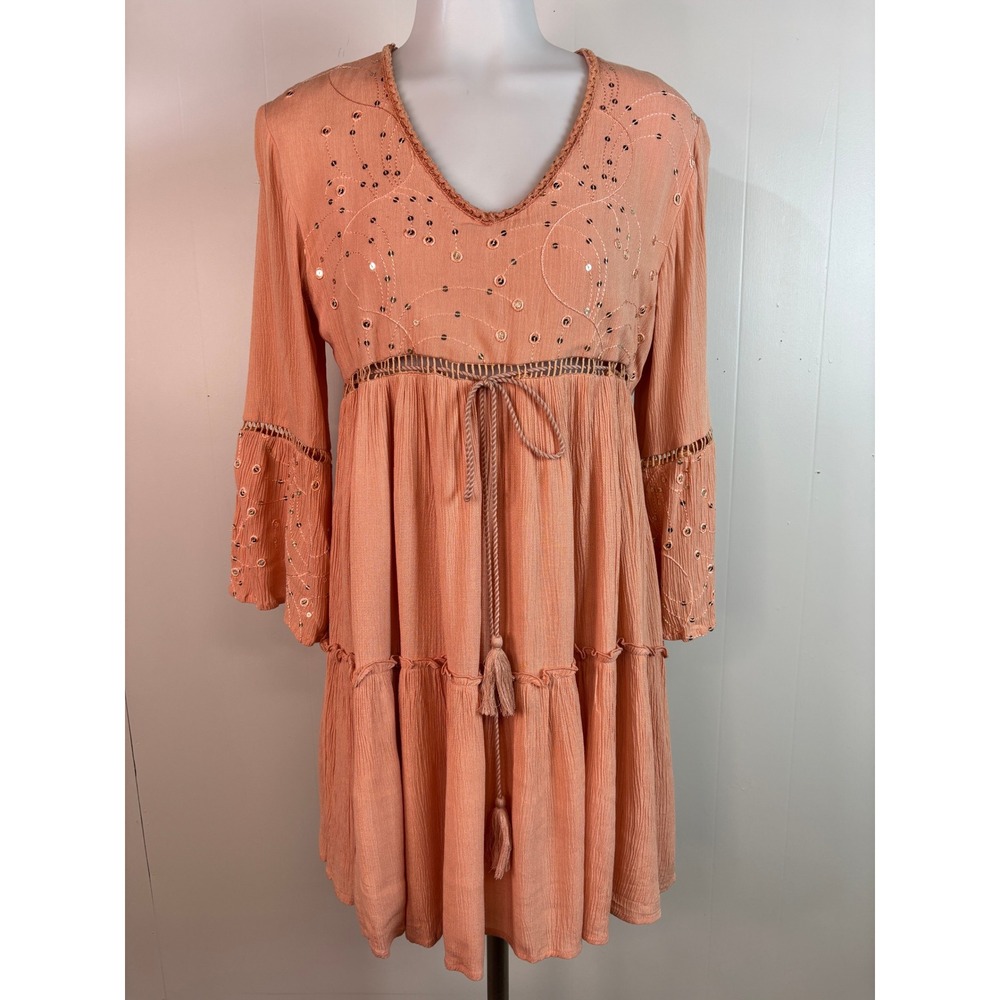 Paani Mini Dress Small Peach Orange Sequin Embroidered Tiered Tassel Boho Women